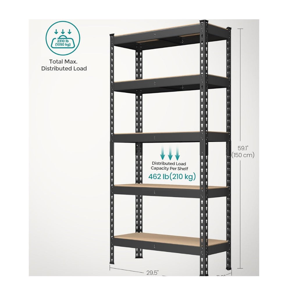 5-Tier Storage Shelves, 11.8 x 29.5 x 59.1 Inches, Load 1929 lb, for Shed Warehouse Basement Kitchen, Black