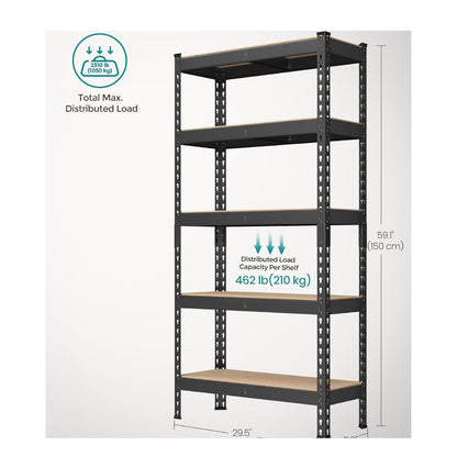 5-Tier Storage Shelves, 11.8 x 29.5 x 59.1 Inches, Load 1929 lb, for Shed Warehouse Basement Kitchen, Black