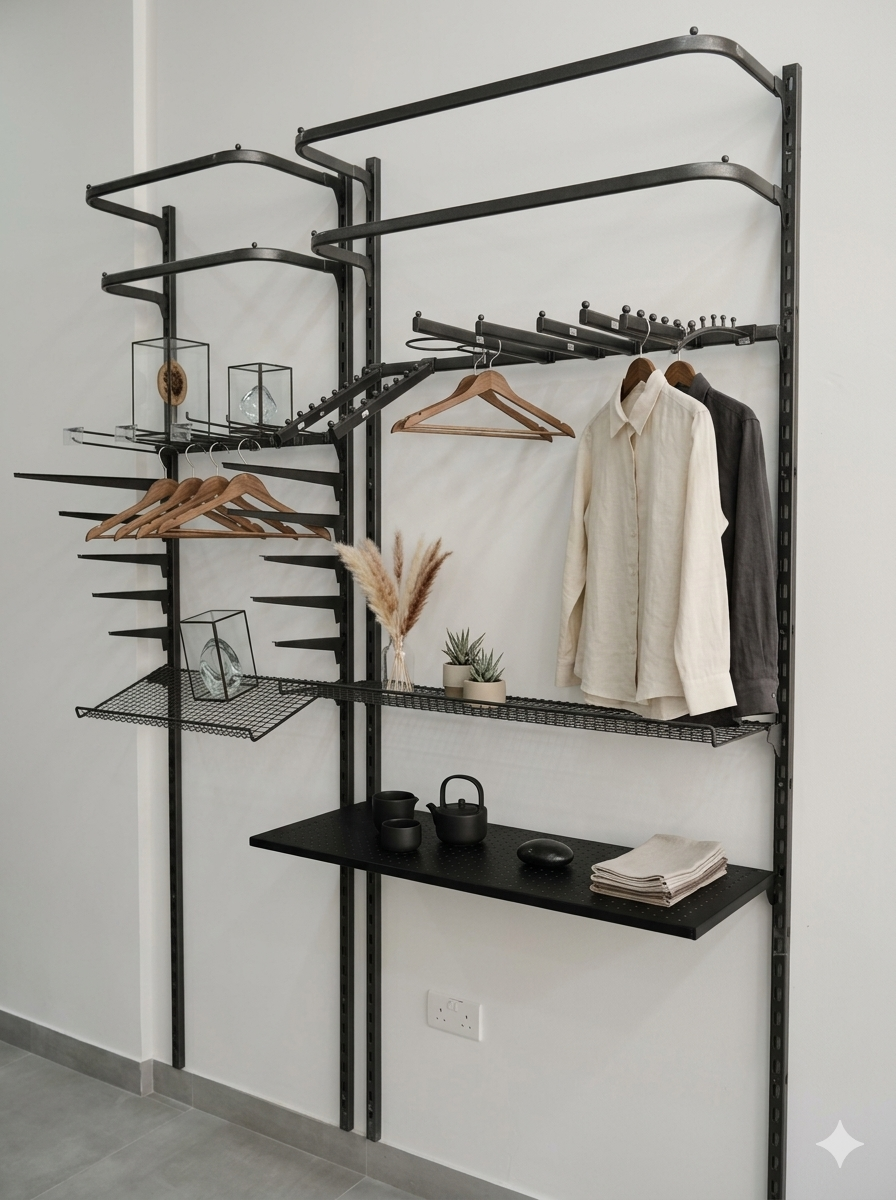 Wall-Mounted Wardrobe Organizer | Modular Closet System with Wire Shelving & Garment Rail | Matte Black