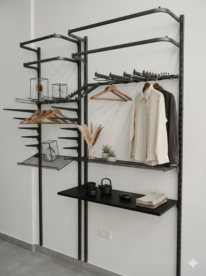 Wall-Mounted Wardrobe Organizer | Modular Closet System with Wire Shelving & Garment Rail | Matte Black