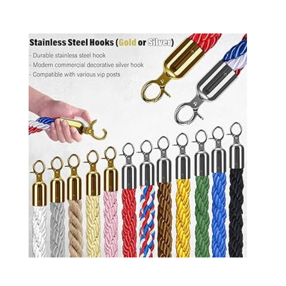 5 Feet Stanchion Queue Barrier Rope with Gold Hooks