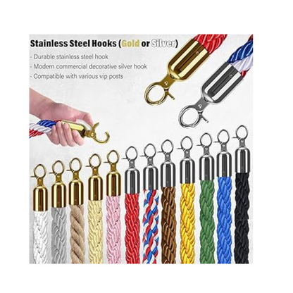 5 Feet Stanchion Queue Barrier Rope with Gold Hooks