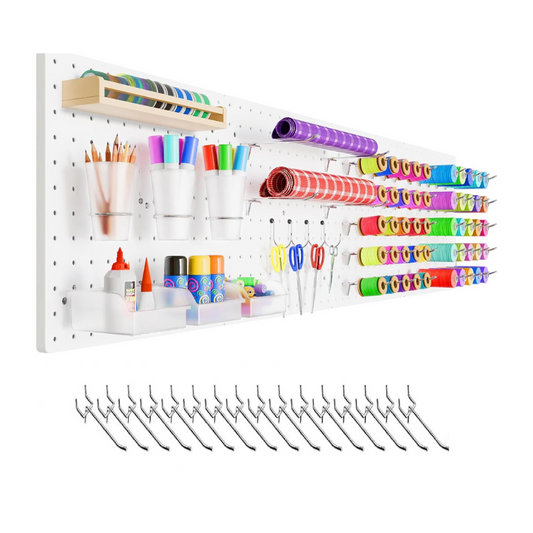 Wall Mounted Steel Pegboard Tool Organizer | Garage Storage Panel with 12 Hooks (Black & White)