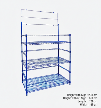 3-Tier Blue Metal Shelving Rack for Water Bottles with Sign Holder | 208cm Tall